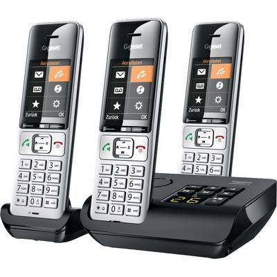 Three cordless phones with a base station. Colour displays show call lists and menu options. Buttons for call answering and navigation are visible.