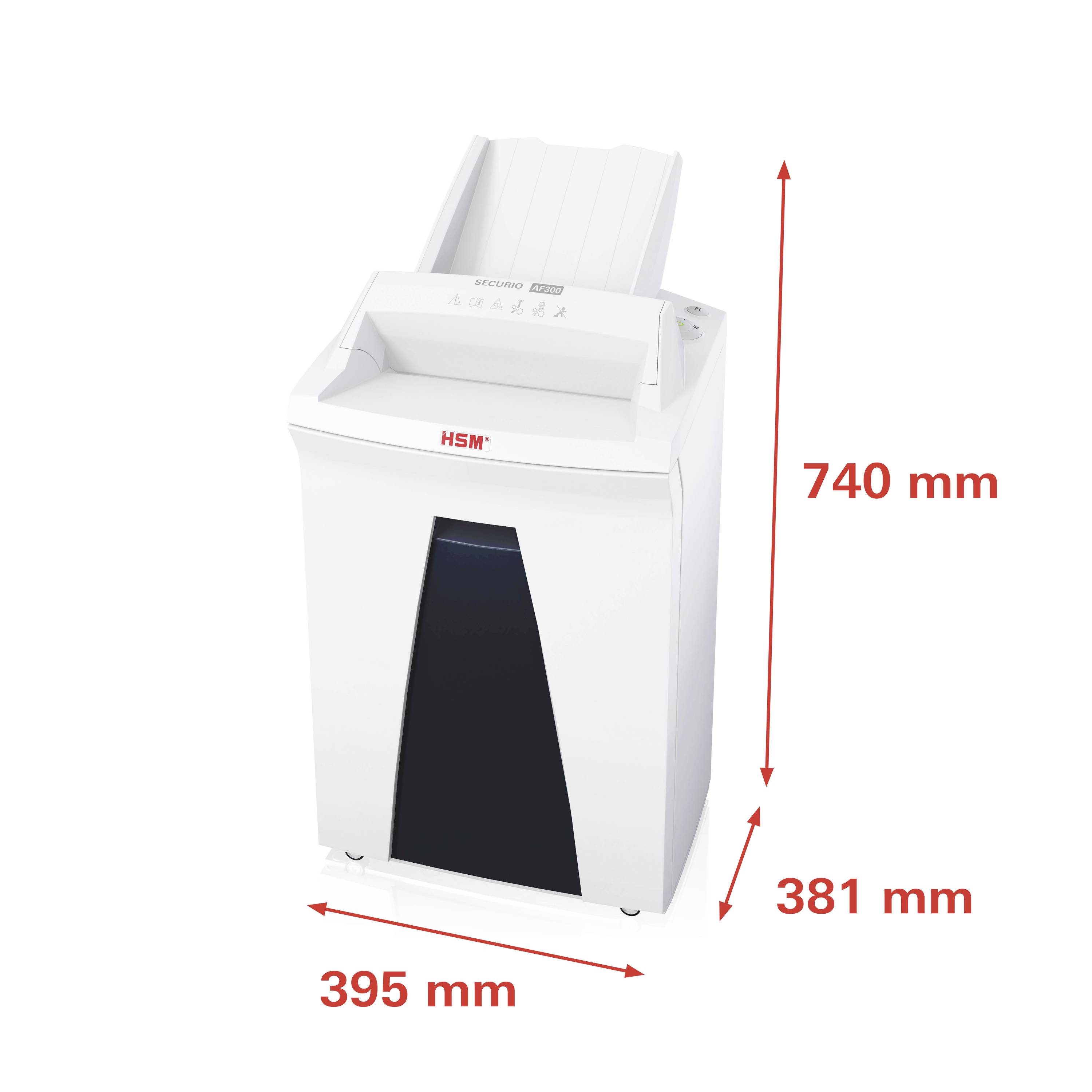 'HSM Paper Shredder' measuring 740 mm in height, 395 mm in width and 381 mm in depth, ideal for securely destroying paper documents.