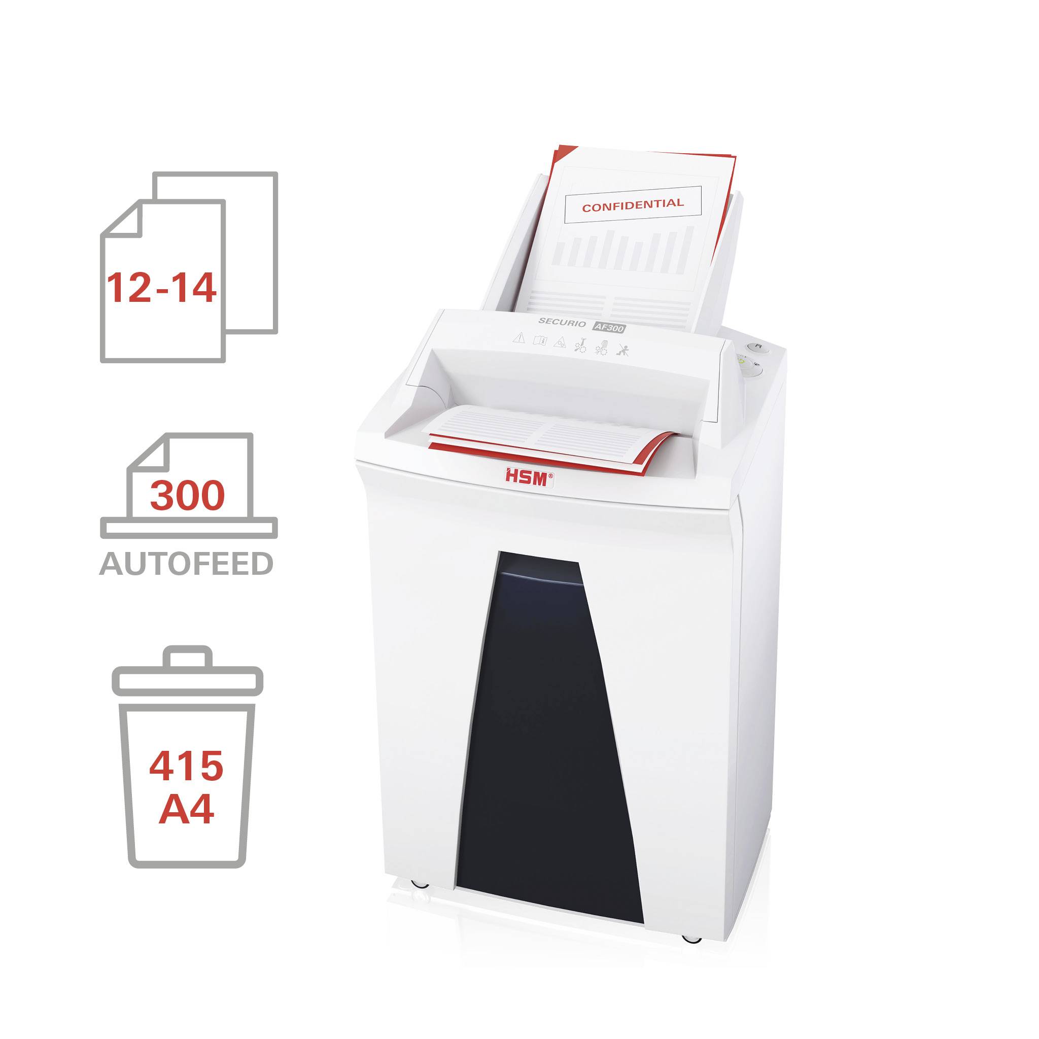 Automatic paper shredder with paper feed, suitable for 12-14 sheets. Container for up to 415 A4 pages. Suitable for confidential documents.