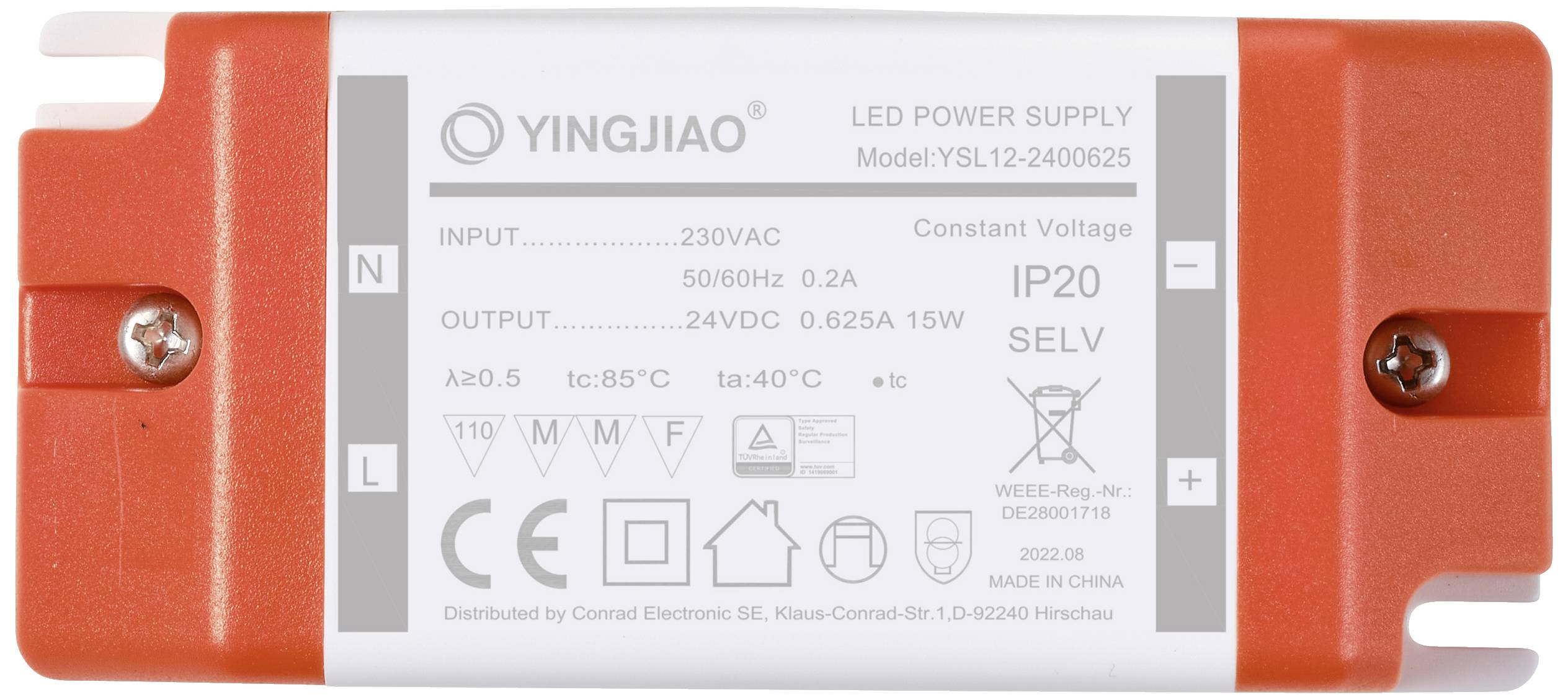 Power Supply, Brand Yingjiao, Model YSL12-2400625, Input 230VAC, Output 24VDC 0.625A, Protection Class IP20, with Safety Markings.