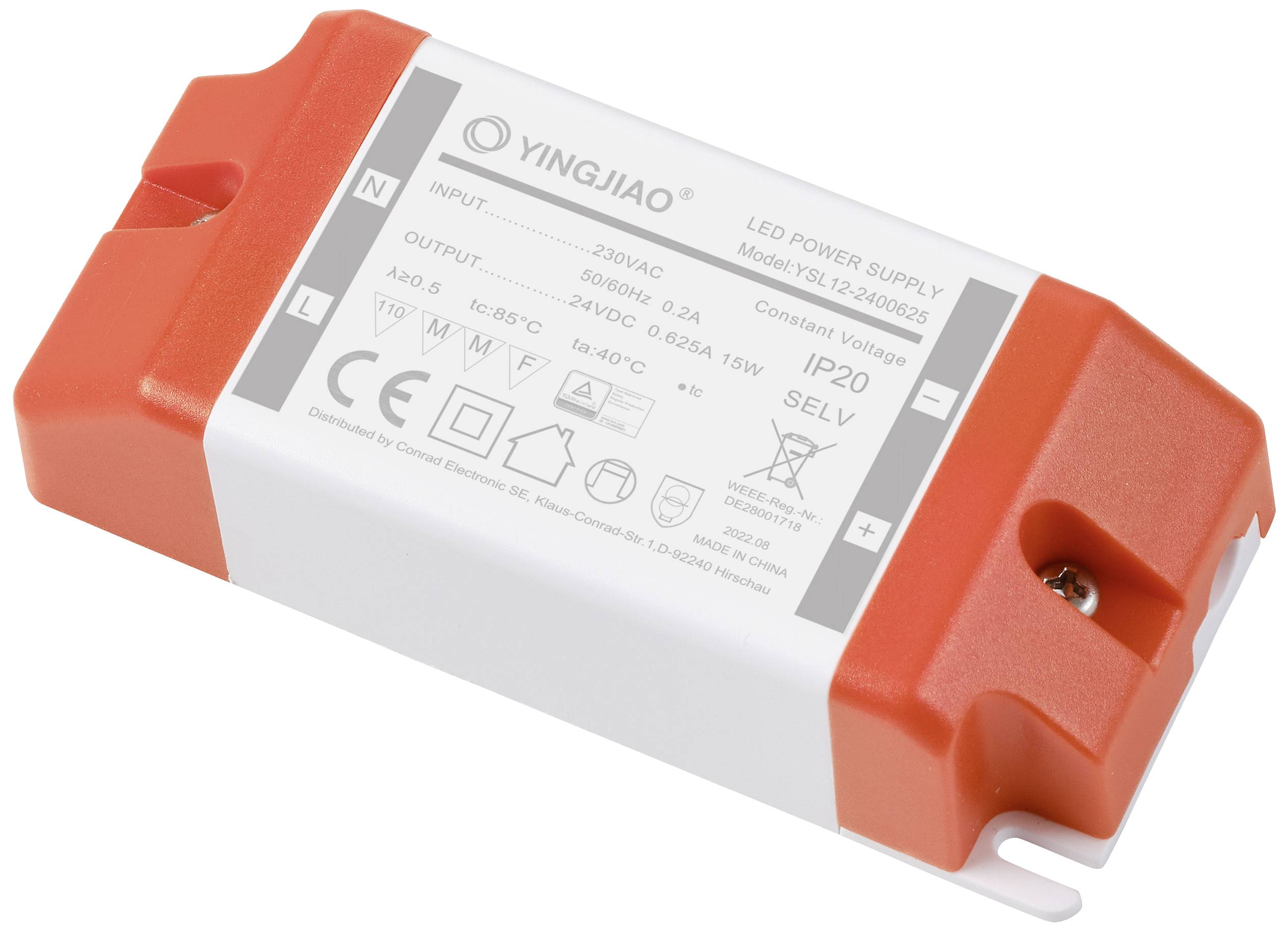 'YINGJIAO LED Transformer, Input: 220V-240VAC, Output: 42VDC, 0.625A, Protection Class IP20, Model: YSLV012025, Power: 25W.'