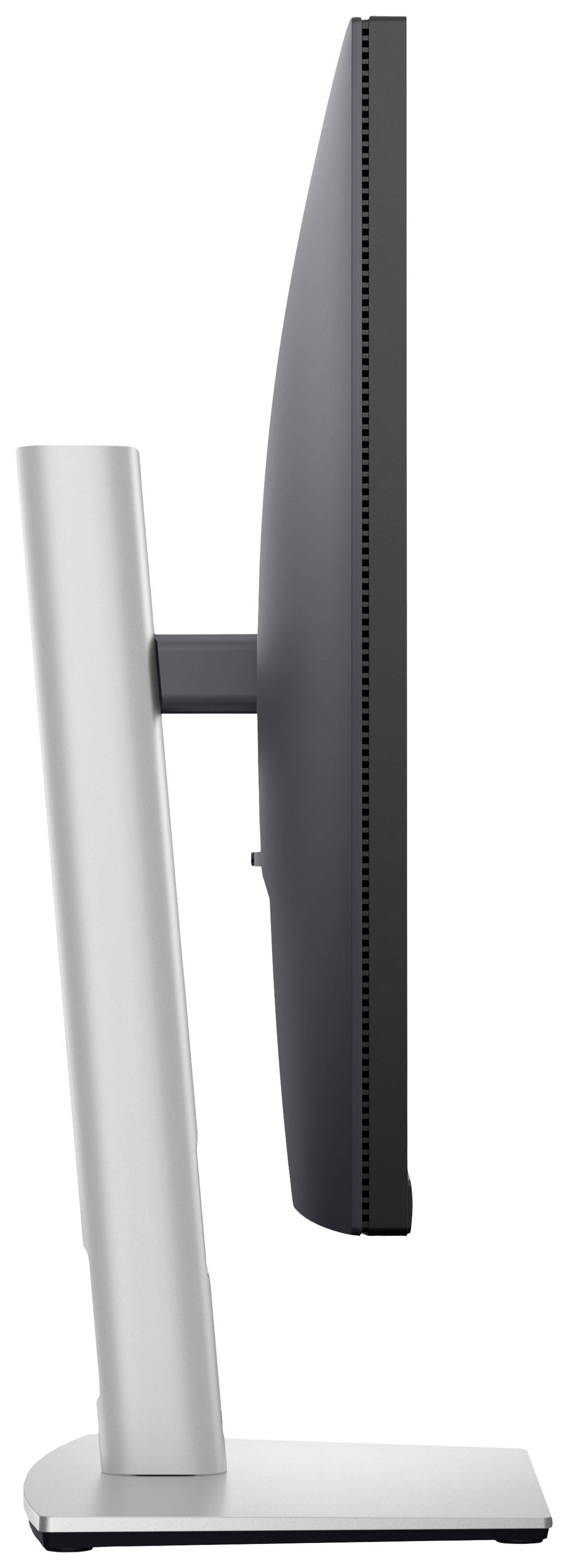 Side view of a modern computer monitor with a sleek, rectangular design on a sturdy stand.