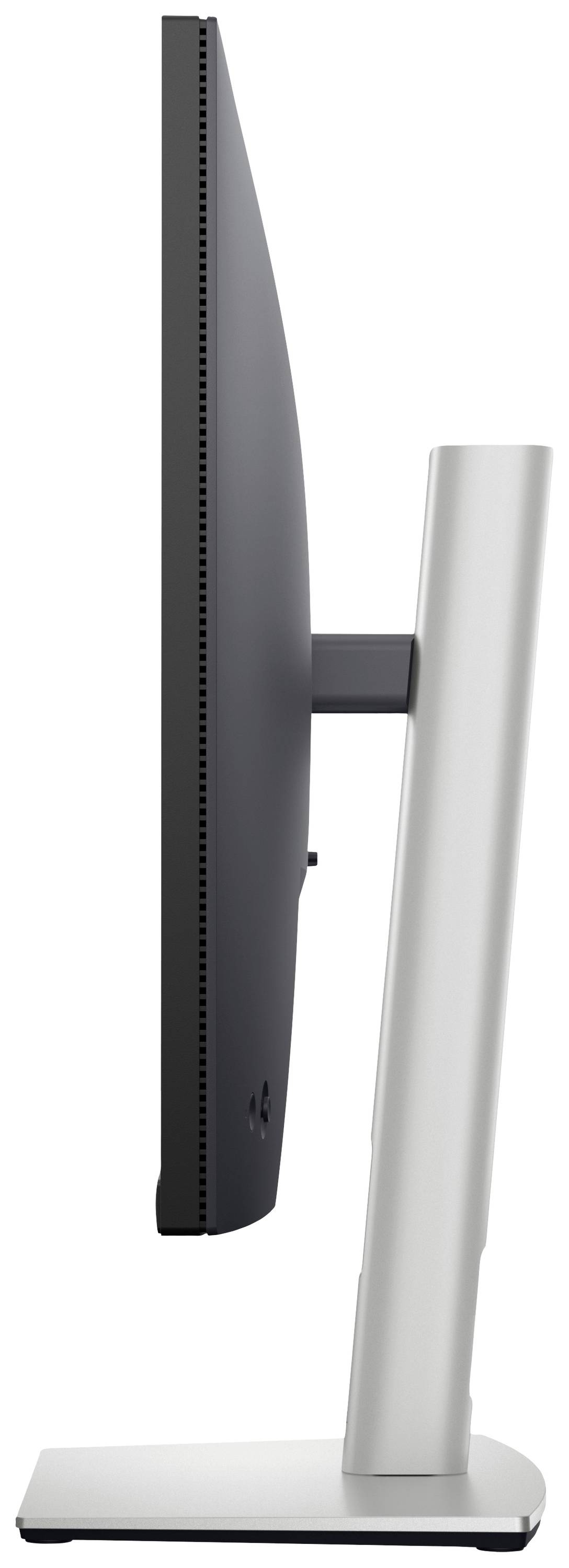 'Side view of a modern computer. The screen is thin, and the stand is slender and silver-coloured.'