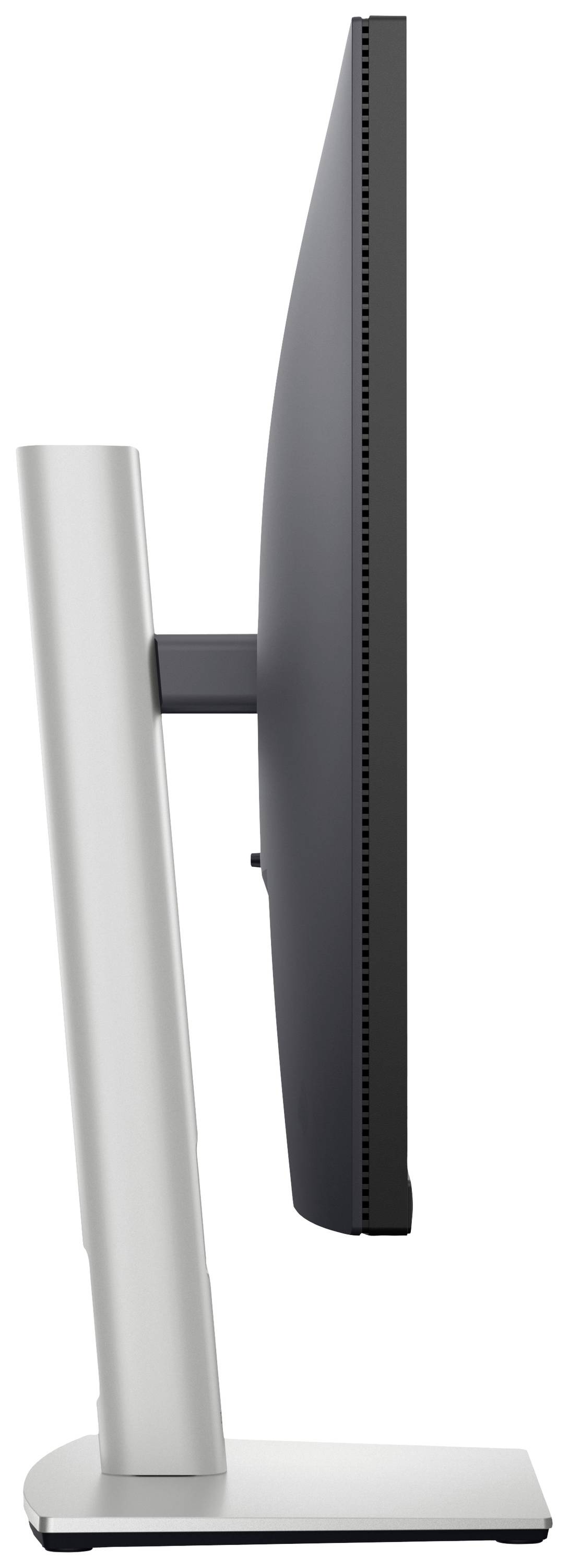 Side view of a modern, slim computer monitor on a sturdy stand.