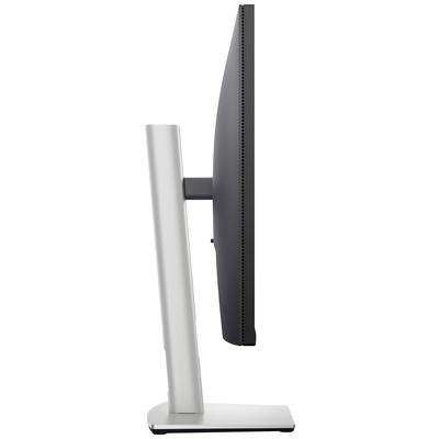 Side view of a modern, slim computer monitor on a sturdy stand.