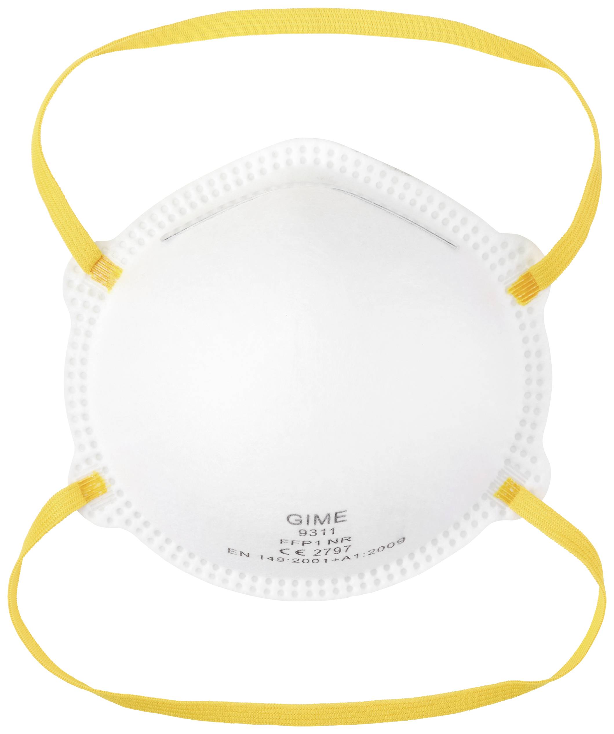 A white FFP2 respirator mask with yellow straps, suitable for protection in environments with high particle density.