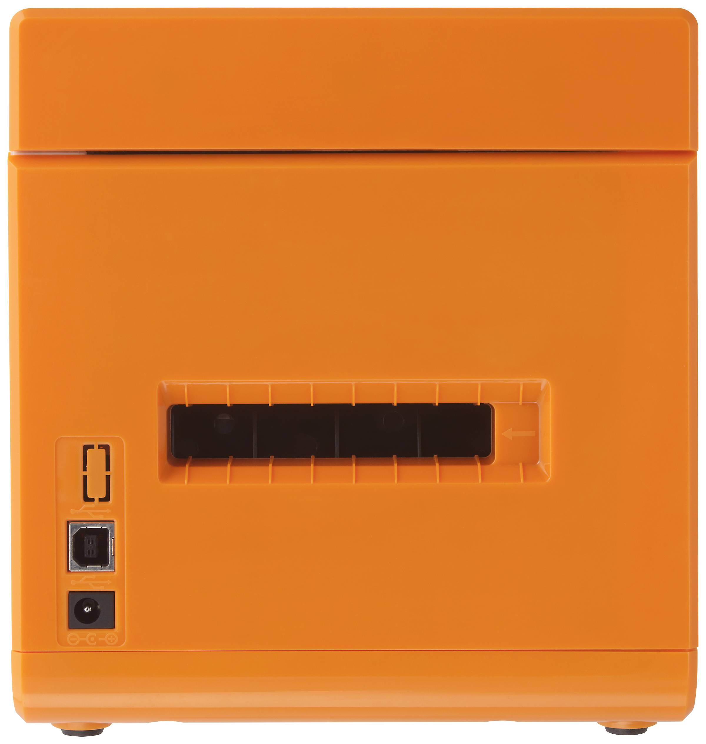 An orange container with a rectangular opening and two connections at the bottom left.