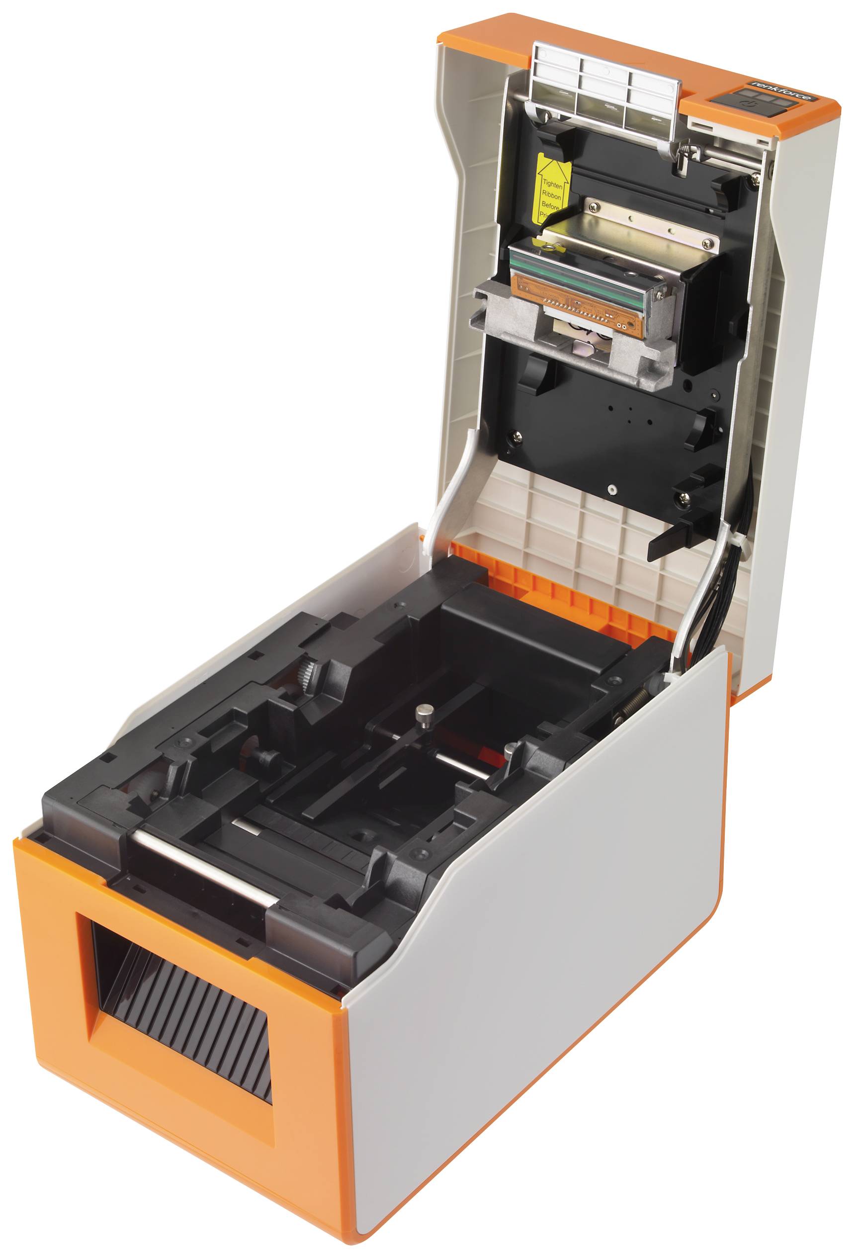 An open card printer reveals its internal mechanism with an exchange tray and print head. The device is compact and designed in a modern style.