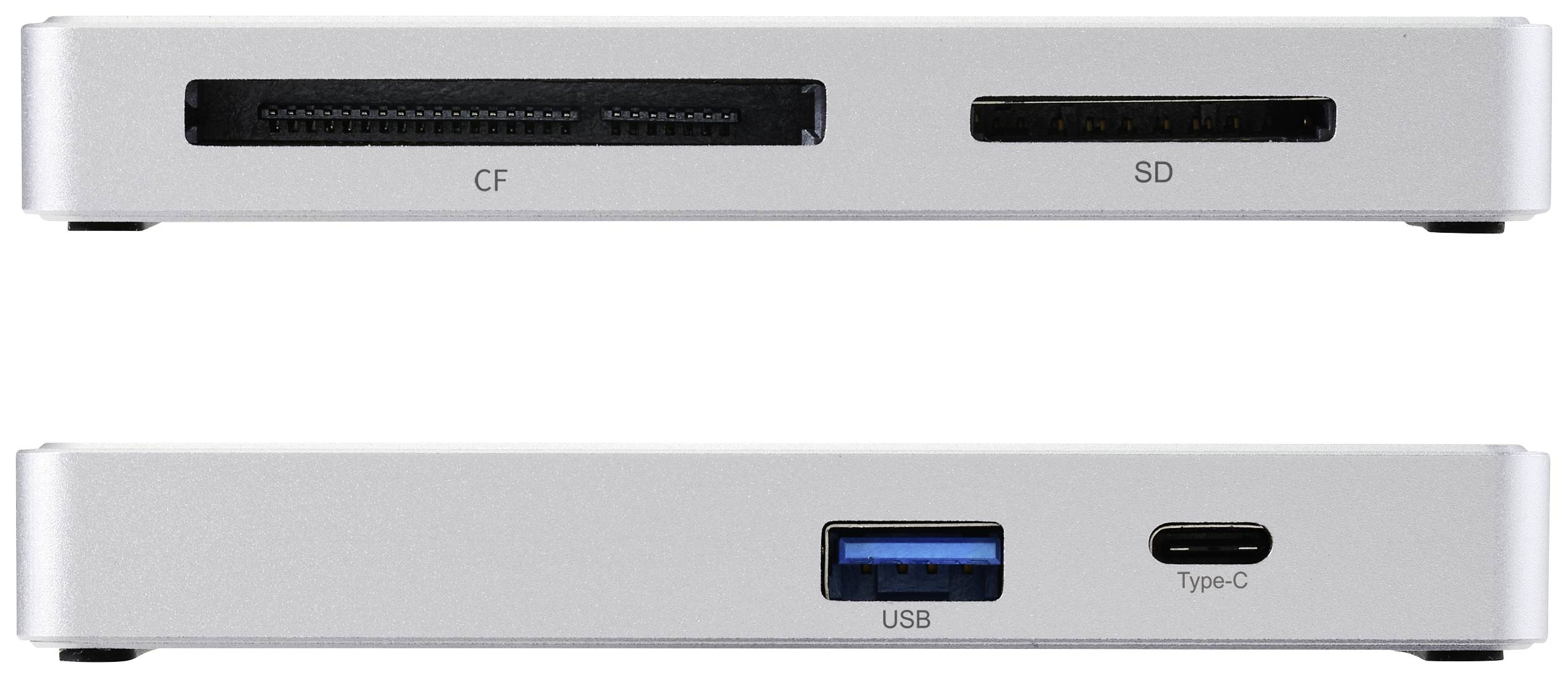 A card reader with CF and SD card slots, along with USB and USB-C ports. Ideal for data transfers.