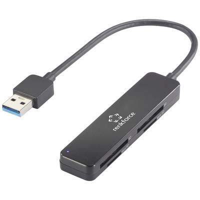 External card reader with USB connection, labelled 'renkforce', has multiple card slots for data storage and transfer.