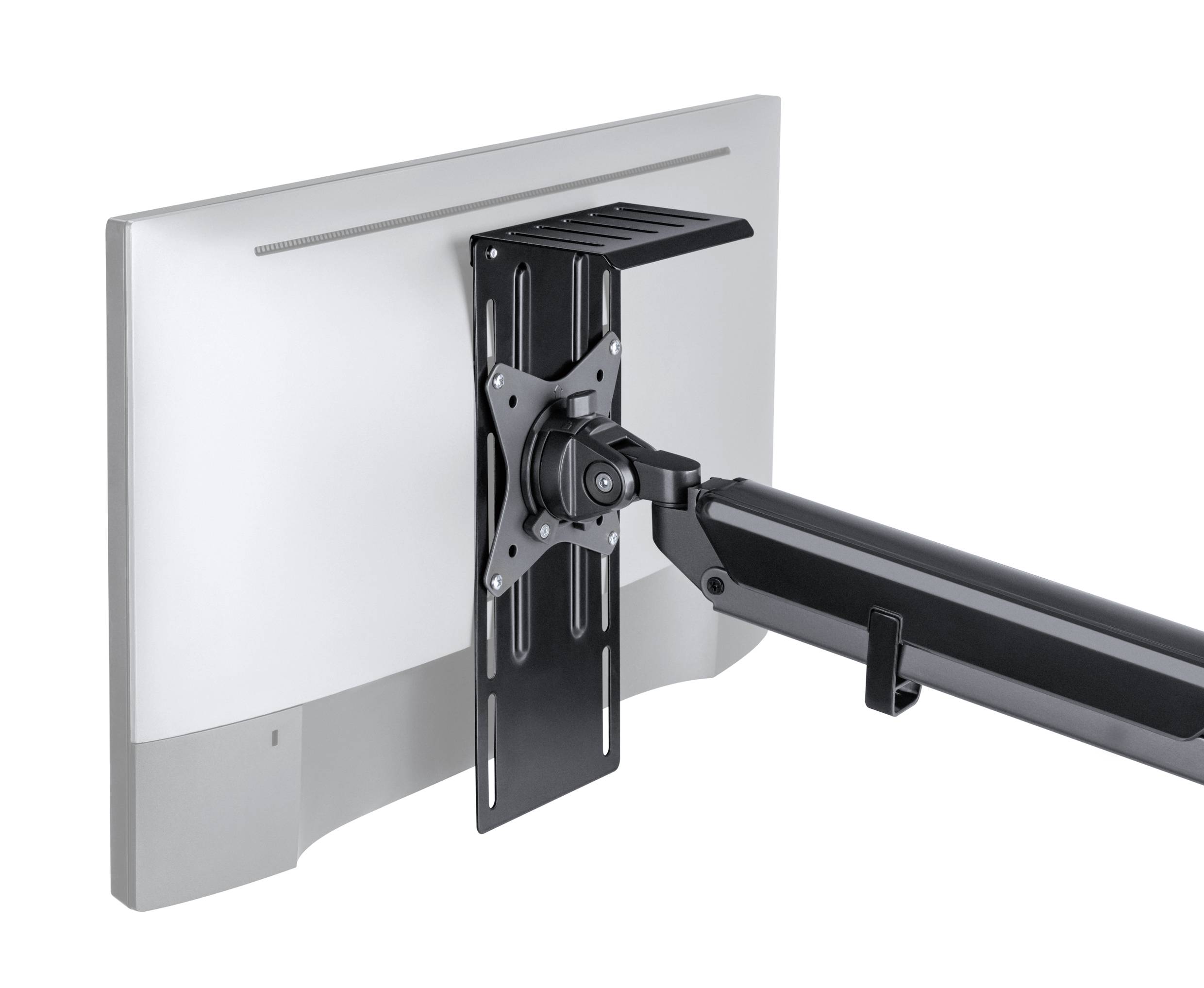 A monitor mounting arm is attached to the back of a flat screen and enables flexible positioning.