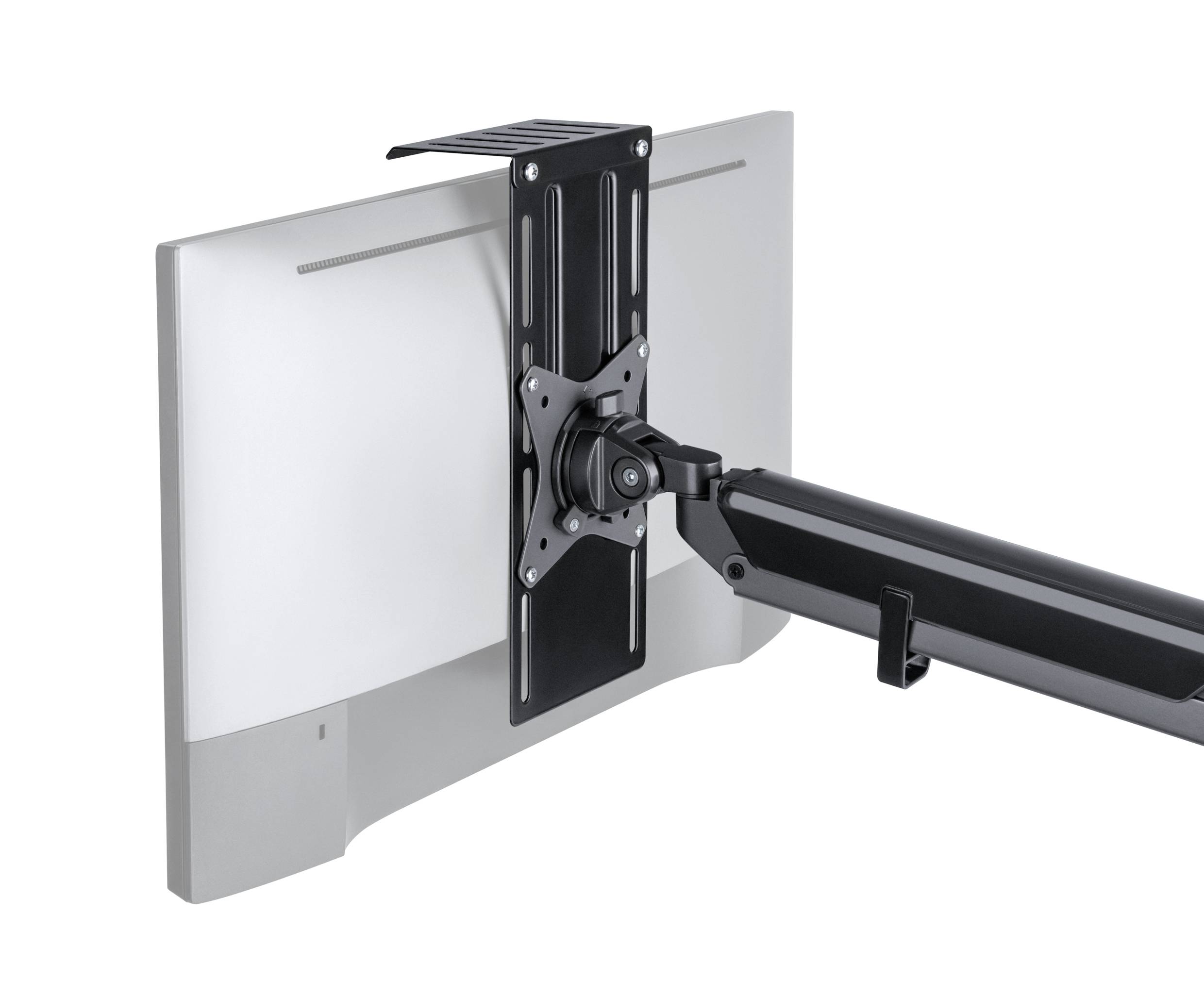 A computer monitor is supported by a pivoting arm mount, ideal for flexible workplace adaptation.