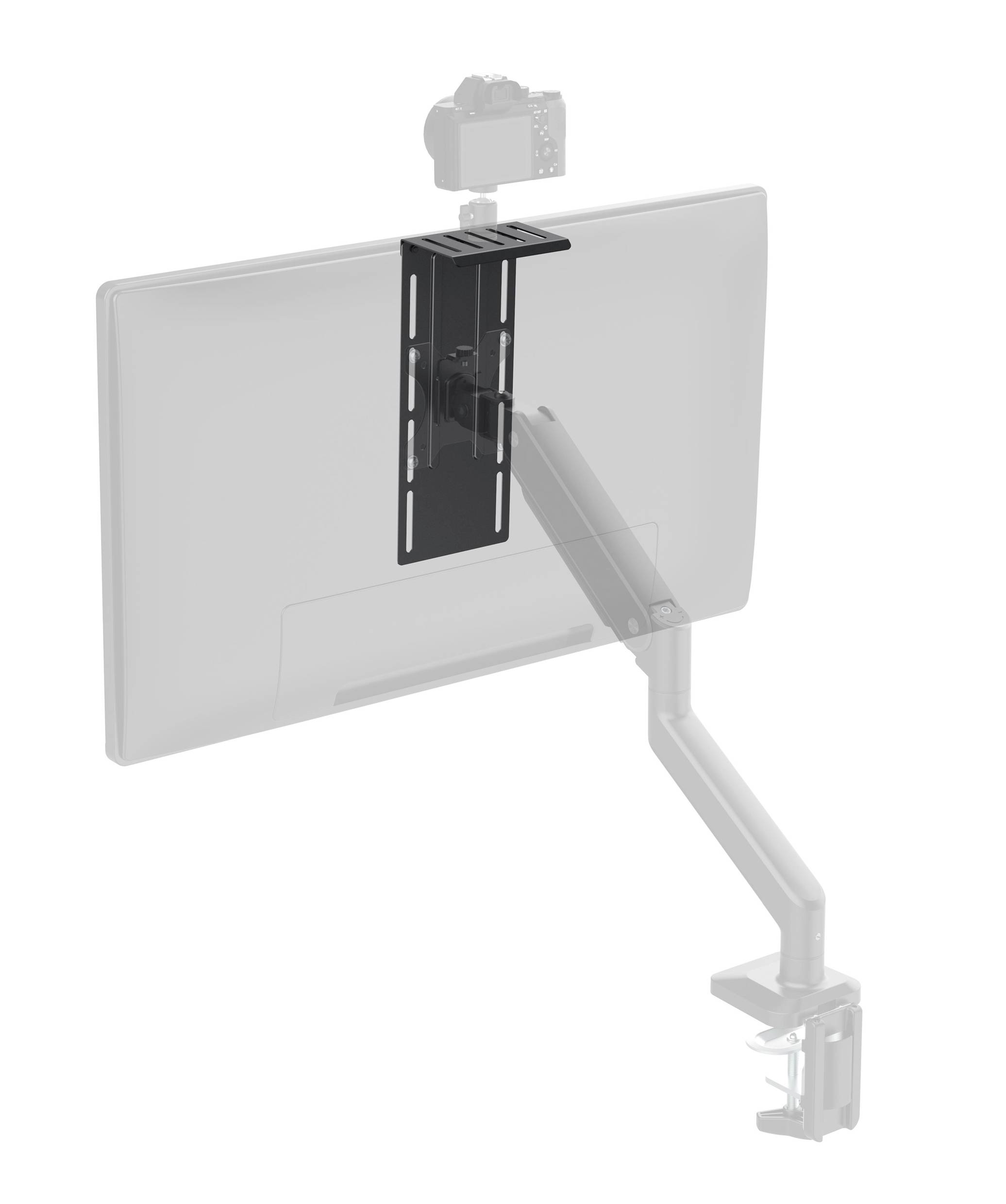 Monitor arm mounting bracket attached to the rear of a screen with a camera mounted on top. Ideal for flexible workplace solutions.