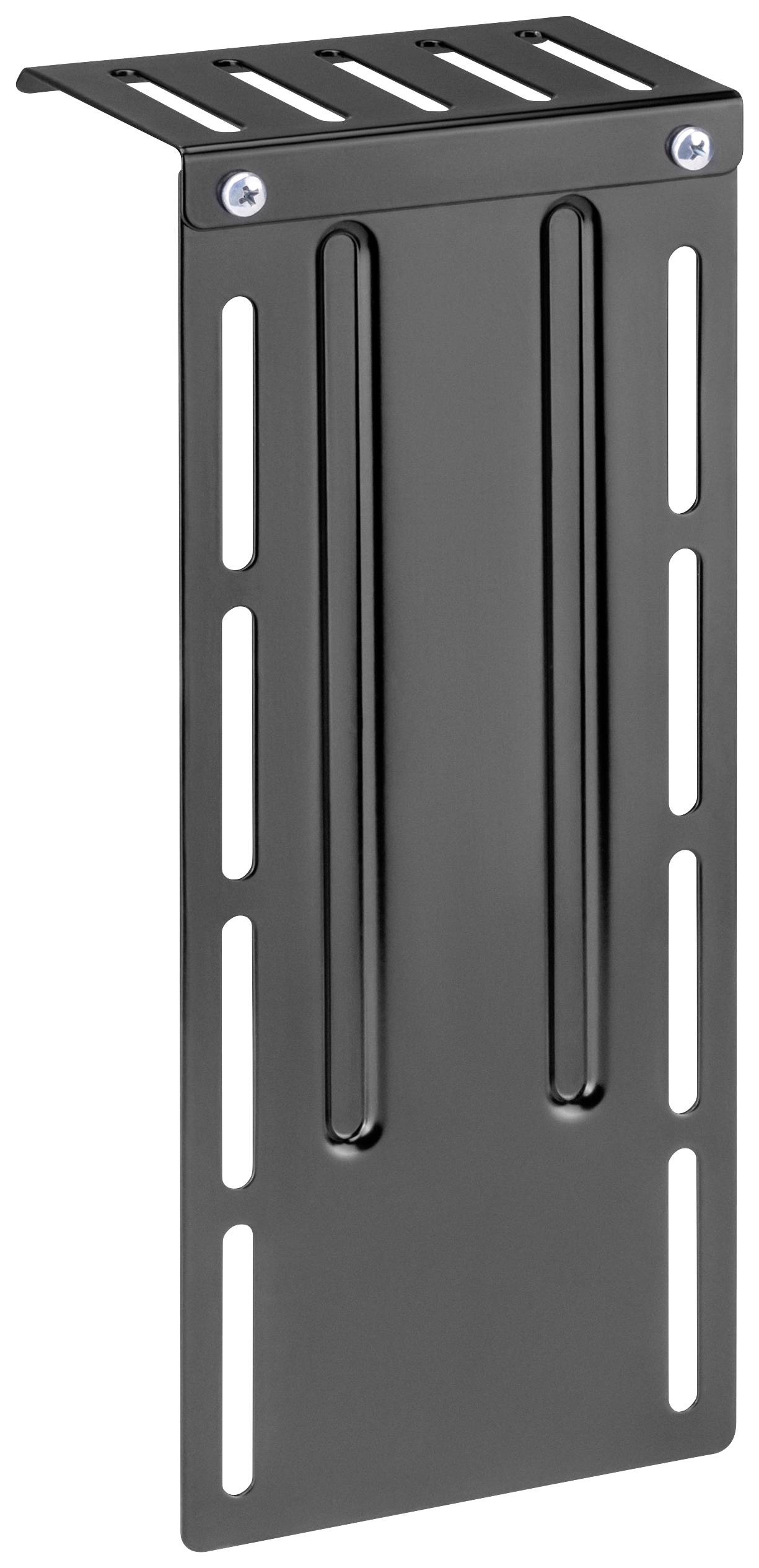 Black metal mounting bracket with multiple slots and fixing screws.