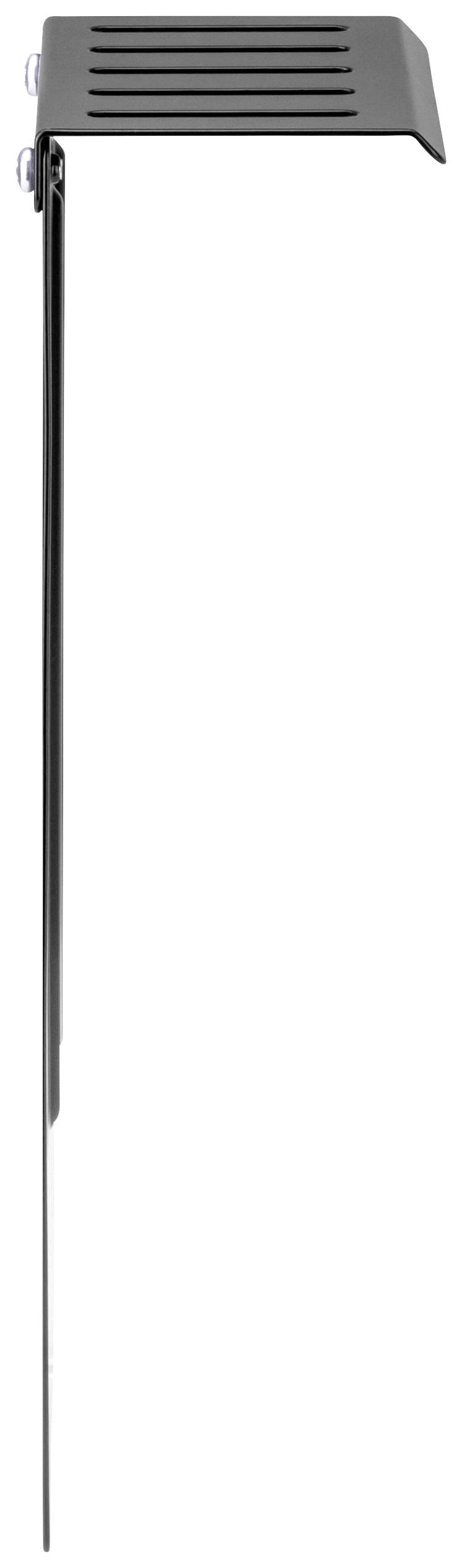 View of a black, rectangular metal shelving unit from the side. It has five horizontal slots and thin mounting brackets.