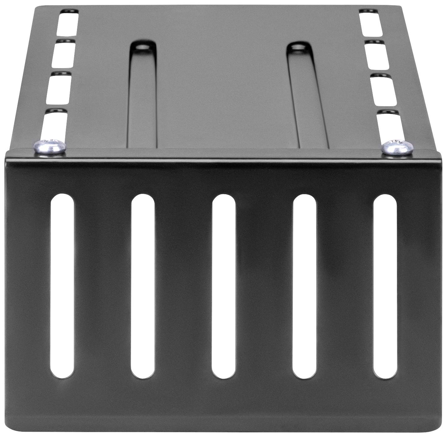 A rectangular black metal frame with vertical slots and screws at the top corners.