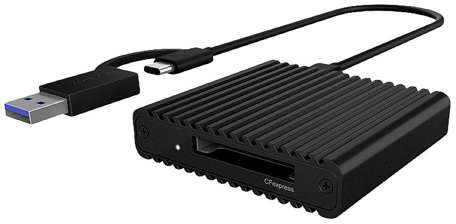 External CFexpress card reader with USB cable, suitable for rapid data transfer.