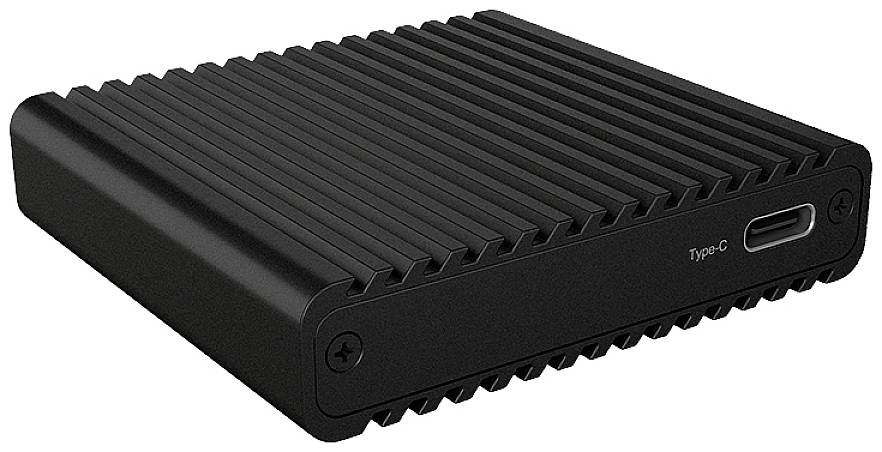 External SSD in a ribbed black casing with USB-C port, suitable for fast data transfer and storage.