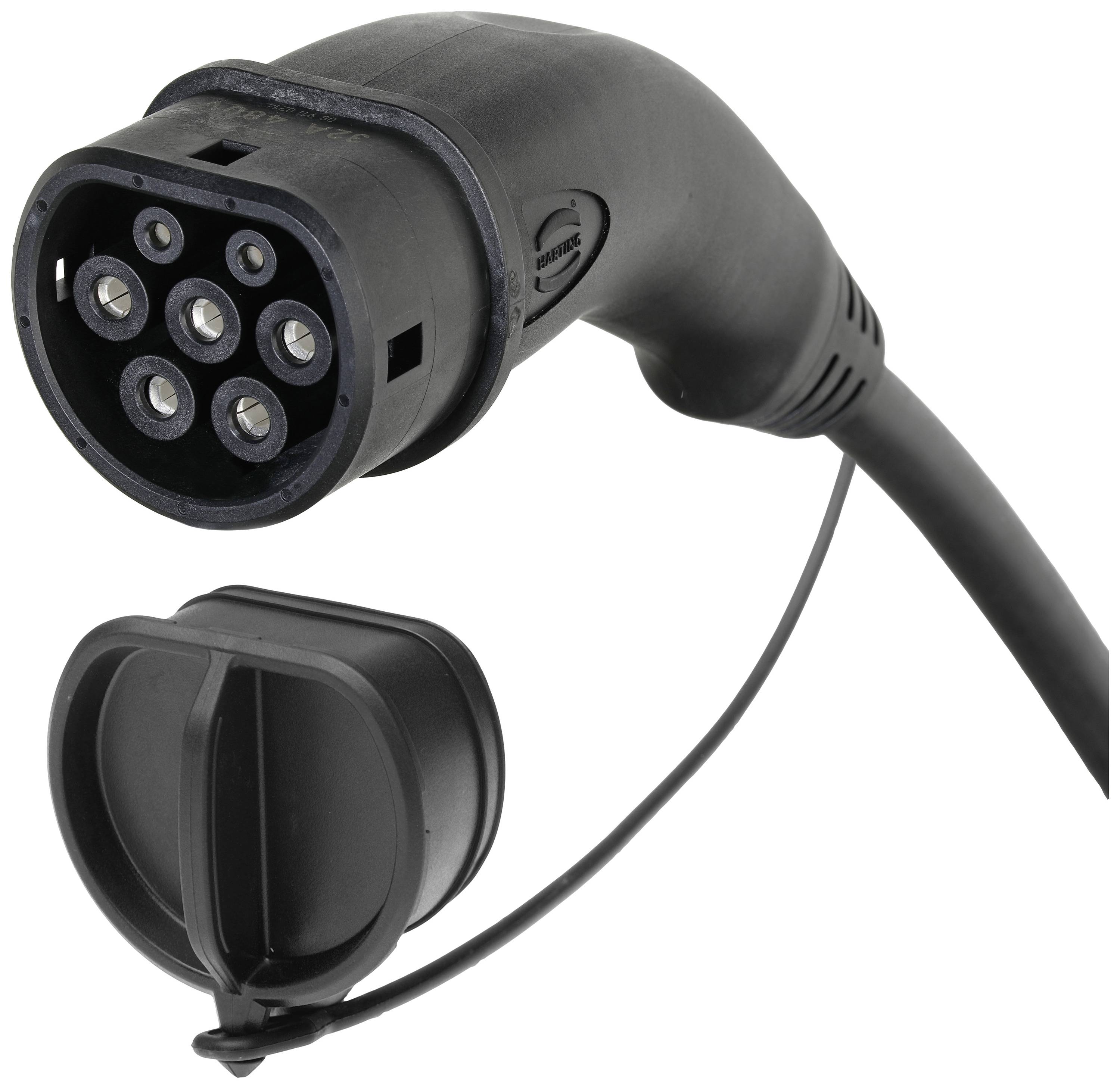 A black Type 2 electric vehicle charging plug, showing the round metal contacts and a protective cap on a cable.