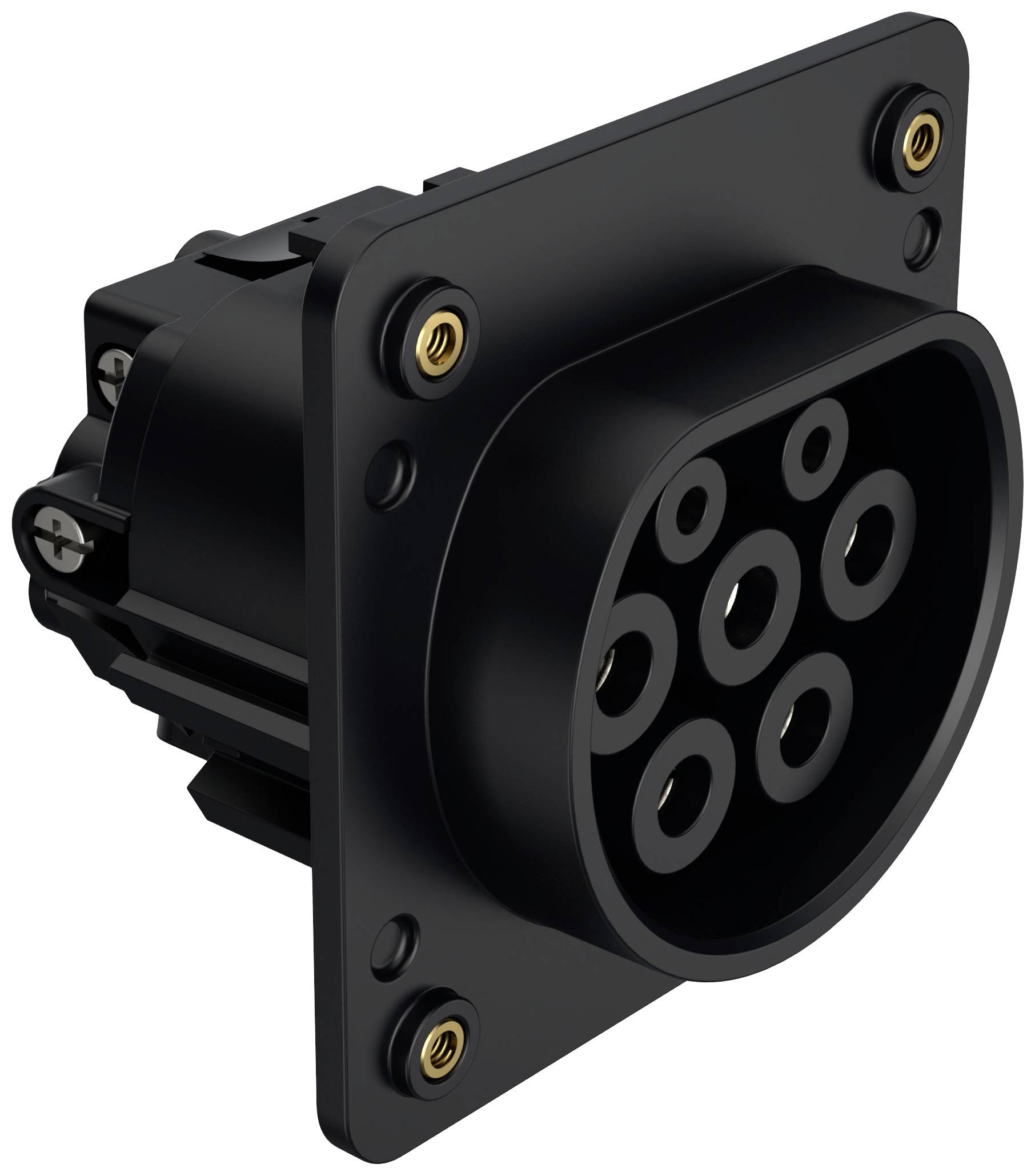 A black electric connector with seven round sockets, mounted on a rectangular plate with four screw holes.