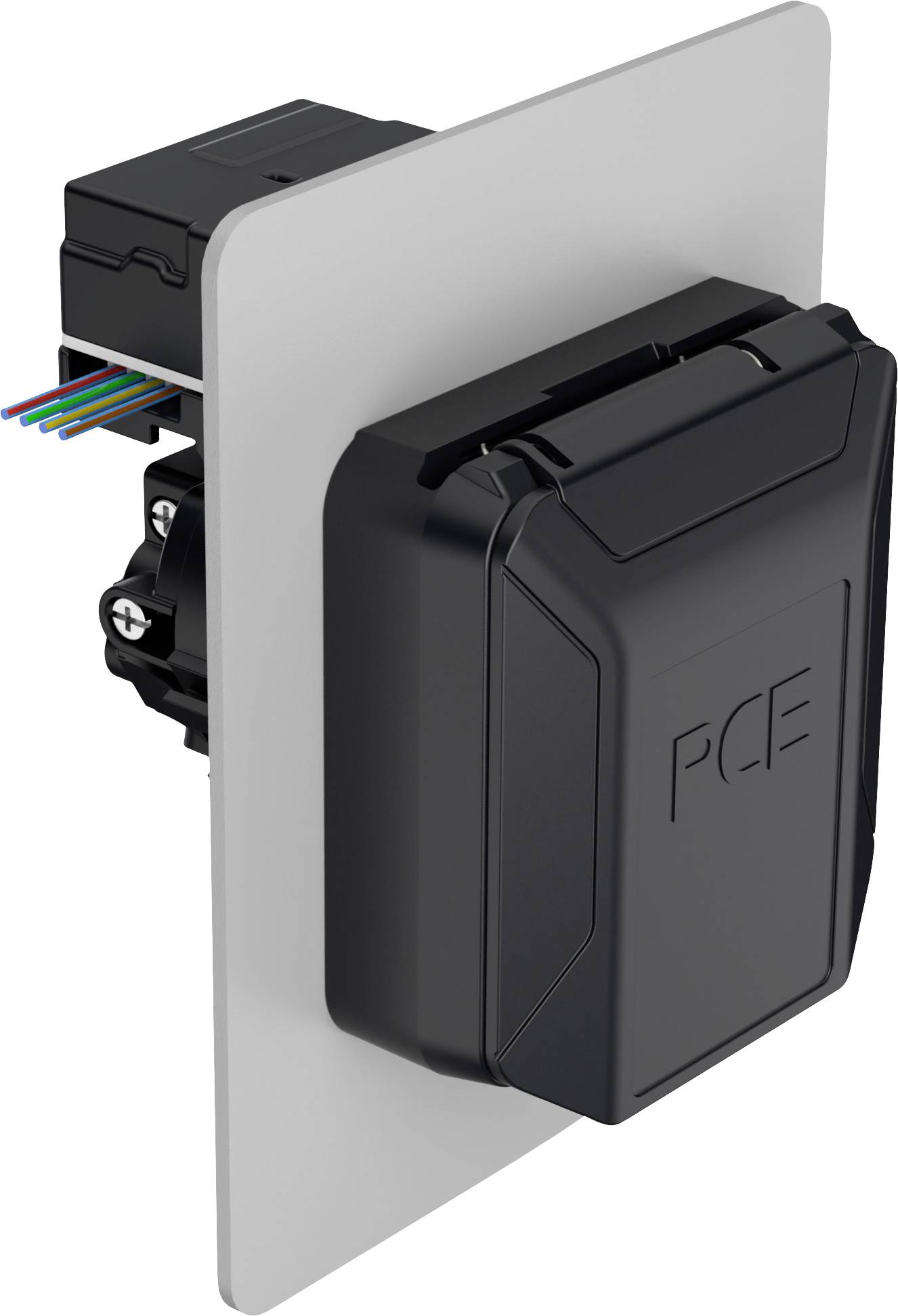 Black electrical socket with a grey cover, mounted on a plate. Several coloured cables visible to the right.