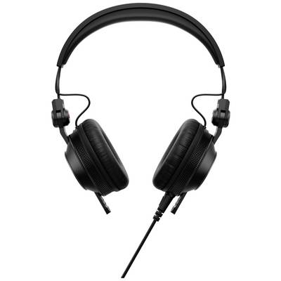 Black over-ear wired headphones, pictured from the front.
