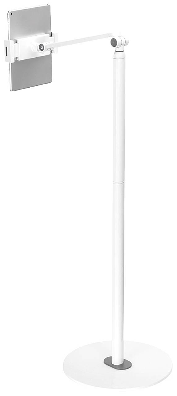 White, height-adjustable tablet stand with flexible arm. Ideal for hands-free tablet use in the office or at home.