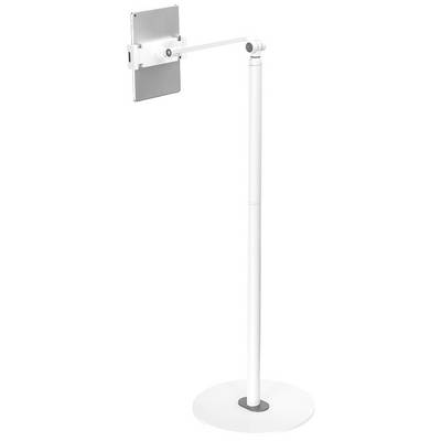 White, height-adjustable tablet stand with flexible arm. Ideal for hands-free tablet use in the office or at home.