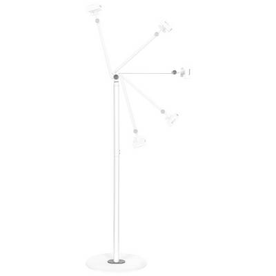 A white, adjustable stand with a pivoting arm that can indicate various positions, suitable for holding devices.