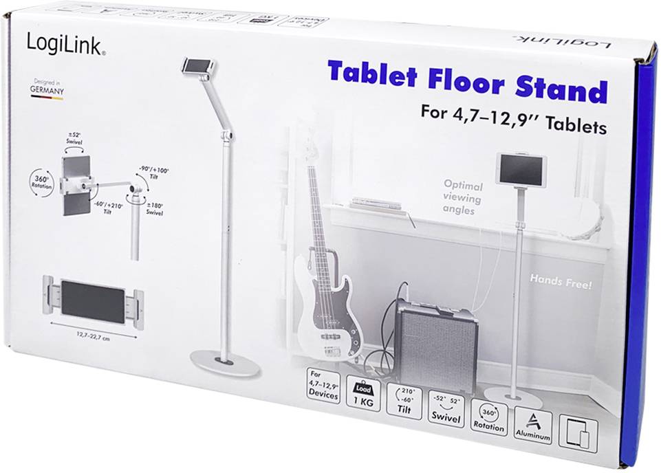 LogiLink Tablet Floor Stand, suitable for tablets from 4.7–12.9 inches. Adjustable height and angle. Supports devices up to 1 kg.