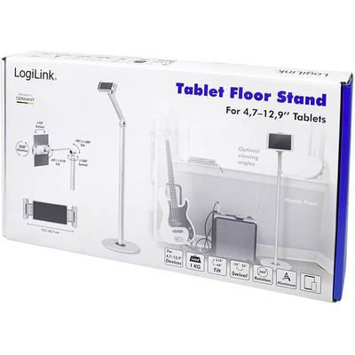 LogiLink Tablet Floor Stand, suitable for tablets from 4.7–12.9 inches. Adjustable height and angle. Supports devices up to 1 kg.