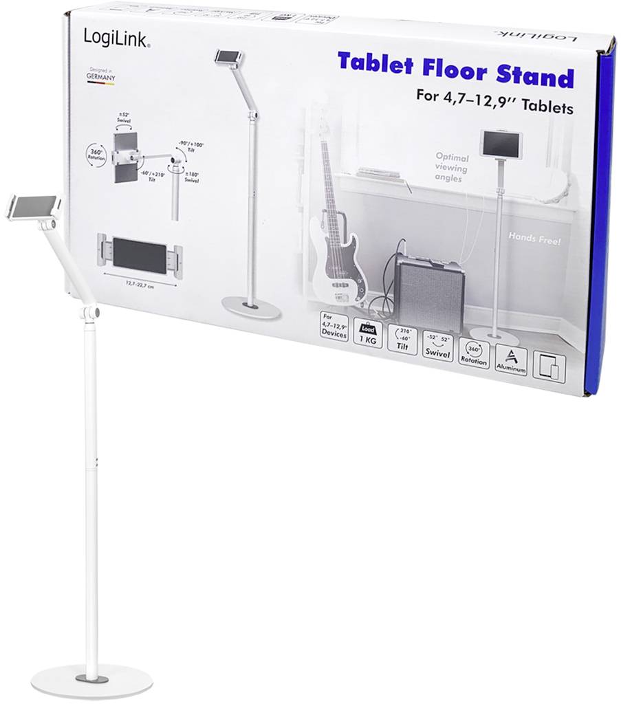 Tablet desktop stand product packaging, showing the stand with a tablet in a living room with a guitar and amplifier.