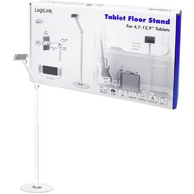 Tablet desktop stand product packaging, showing the stand with a tablet in a living room with a guitar and amplifier.