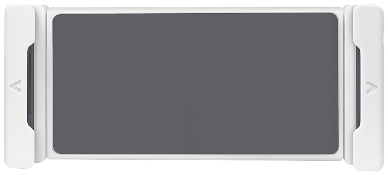 A grey, rectangular screen with white mounting brackets on the sides.