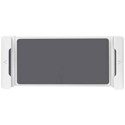 A grey, rectangular screen with white mounting brackets on the sides.
