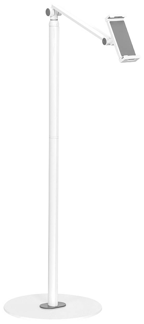 White, height-adjustable tablet holder with a round base and adjustable arm. Ideal for hands-free working or presentations.