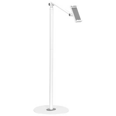 White, height-adjustable tablet holder with a round base and adjustable arm. Ideal for hands-free working or presentations.