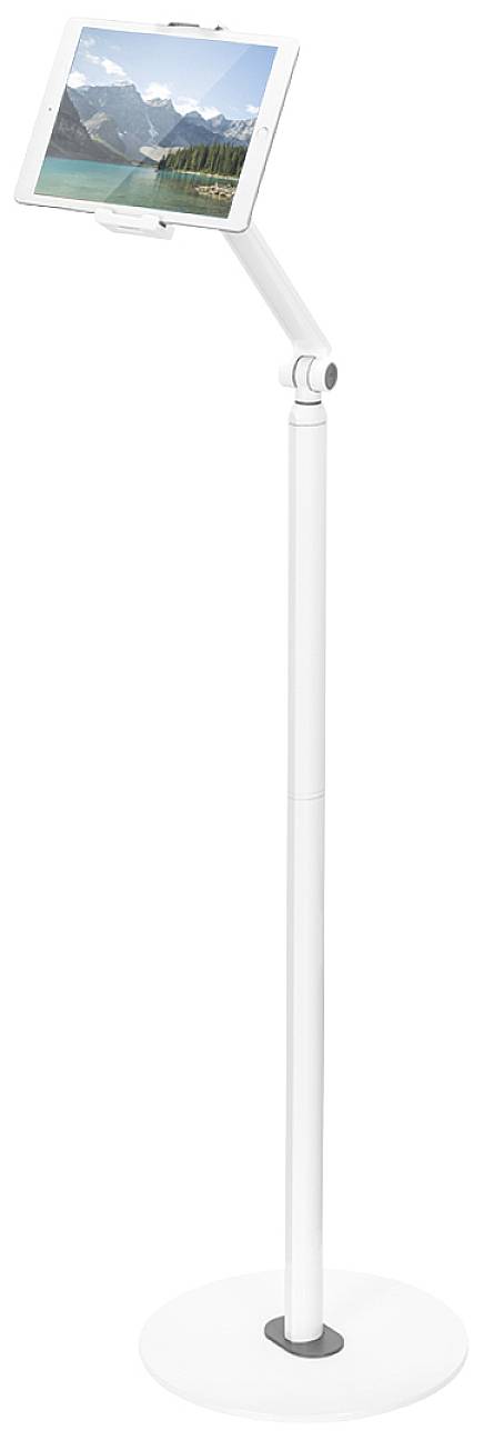 A white stand with an adjustable arm holds a tablet displaying a landscape of mountains and a lake. Ideal for hands-free use.