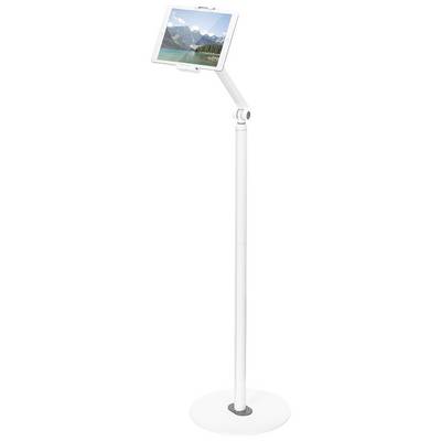 A white stand with an adjustable arm holds a tablet displaying a landscape of mountains and a lake. Ideal for hands-free use.