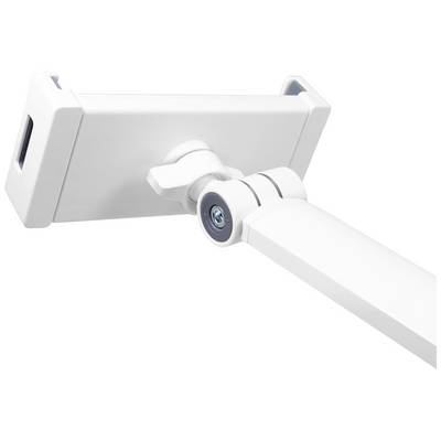 A white, adjustable mounting arm for a smart device, showing the rotational mechanism and clamp mount. Ideal for flexible use.