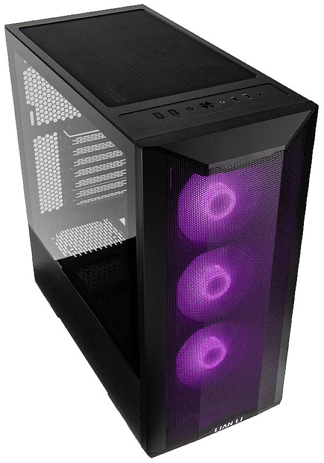 Black computer case with three glowing purple fans on the front, glass side panel, suitable for gaming PCs.