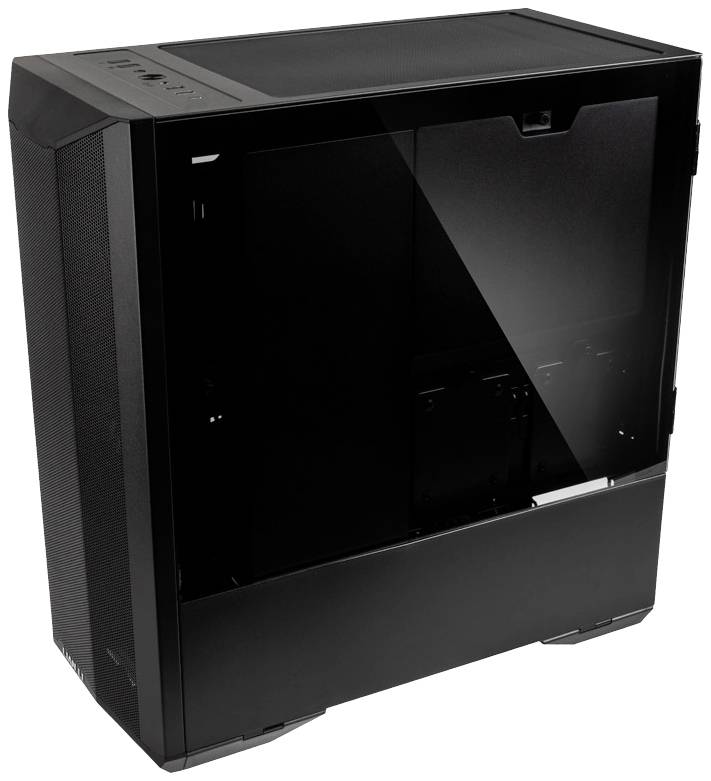 A black computer case with a transparent side panel, ideal for gaming PCs. Provides space for multiple hard drives and large graphics cards.