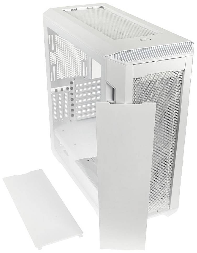 A white computer case with an open internal area. Ventilation grilles and removable side panels are visible.