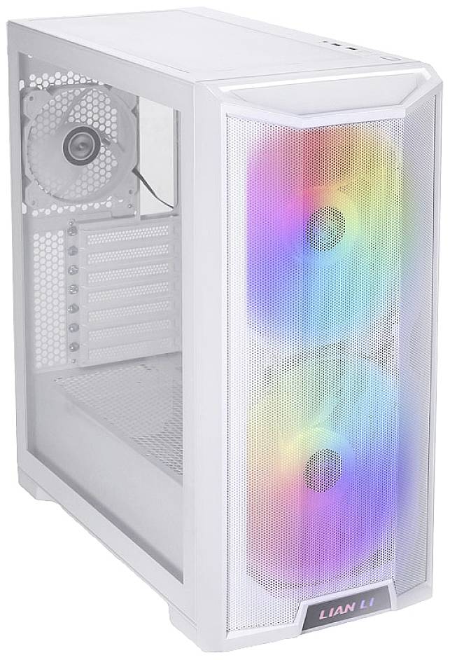 White computer case with two large, colourful LED fans on the front and a fan on the rear.