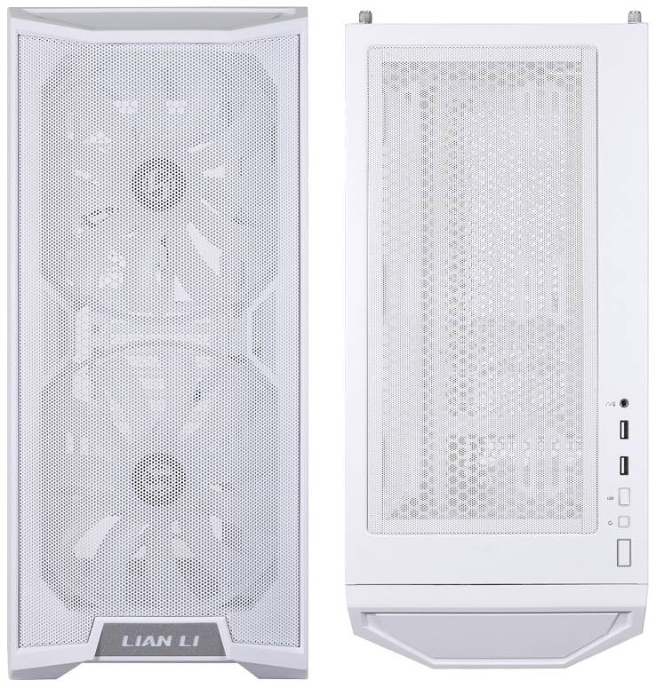 PC case in white with two large ventilation grilles at the front for improved cooling. USB ports and additional ventilation slots are located on the top.
