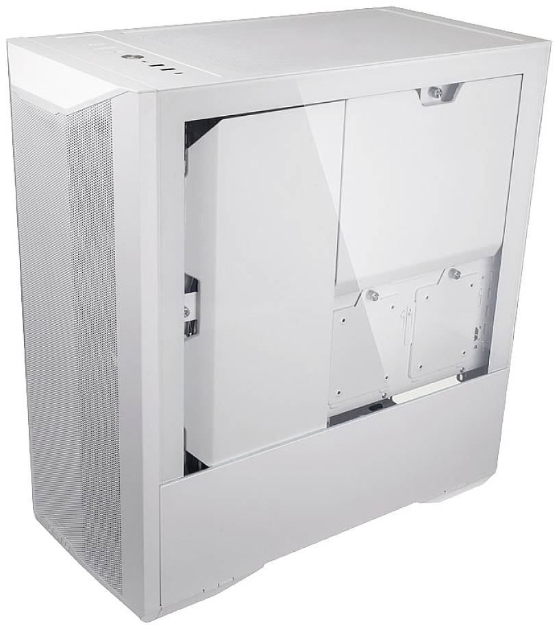 White computer case with a transparent side panel, showing internal hardware mounting points and ventilation openings at the top and sides.