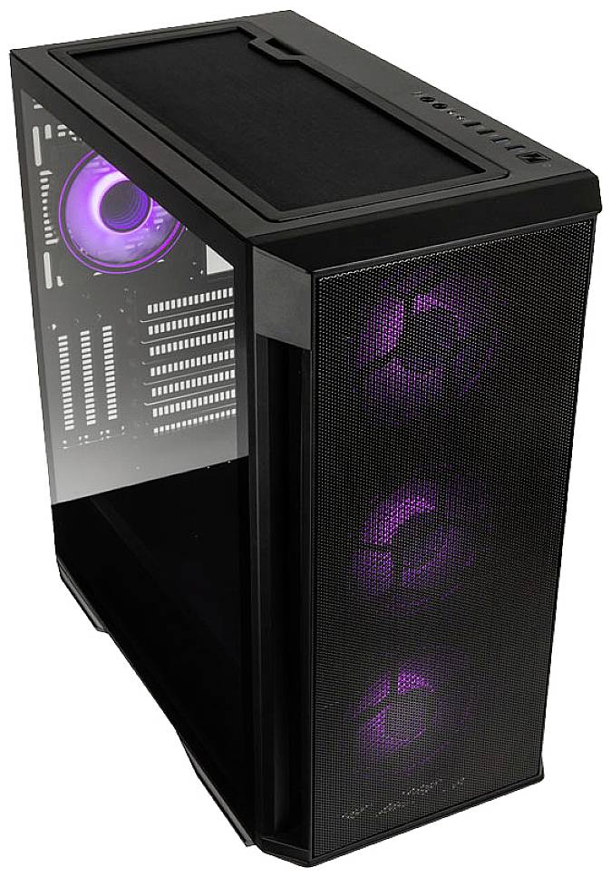 Black computer case with a transparent side panel, three front fans and a large fan at the rear, all with purple lighting.
