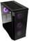 Black computer case with a transparent side panel, three front fans and a large fan at the rear, all with purple lighting.