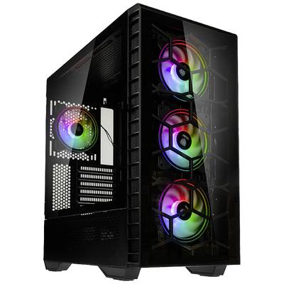 A black computer case with four visible, colourful RGB fans at the front and one at the rear.