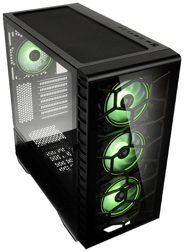 Gaming PC case with transparent side panel and four illuminated green fans. Suitable for high-performance computing.